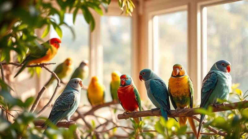 A colorful group of budgies and a cockatiel on a branch.