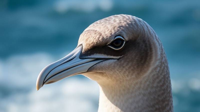 Close-up of a petrel's head, highlighting the characteristic tubular nostrils on its beak.