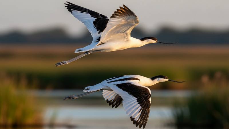 Two Pied Avocets in flight, highlighting their black and white patterns.