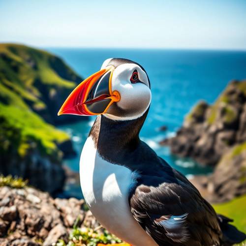 Portrait of an Atlantic Puffin with its colorful breeding-season beak.