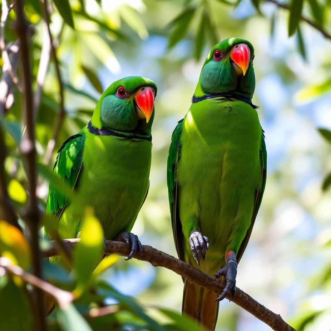A pair of Rose-ringed Parakeets, with the male showing his distinct black and pink neck ring, and the female without.