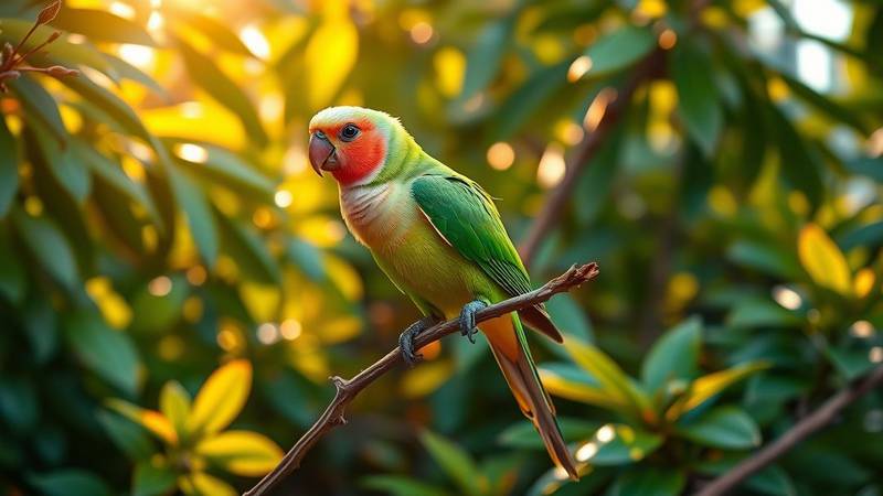 A Rosy-faced Lovebird with its green body and pinkish face.