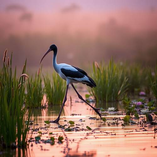An African Sacred Ibis walking in a wetland.