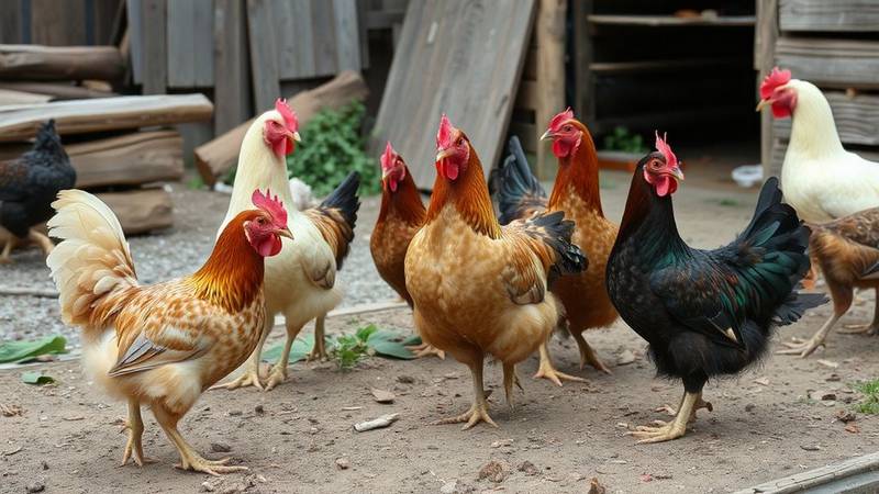 Several chickens in a farmyard