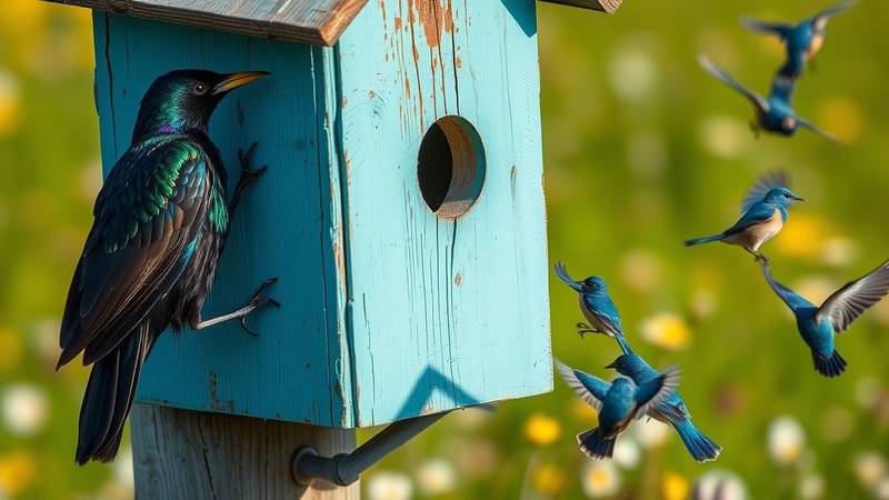 A European Starling perched on a bluebird house, illustrating competition with native species.