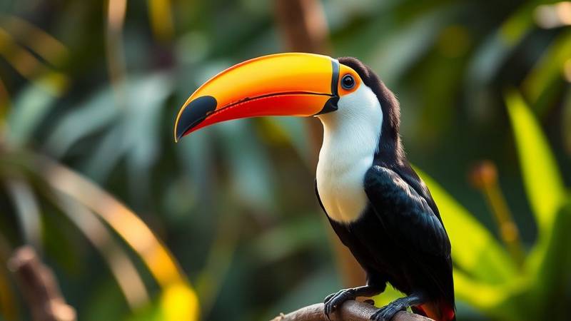 A Toco Toucan in profile, showing its large orange beak and black and white plumage.