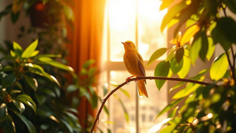 Yellow canary singing on a perch.